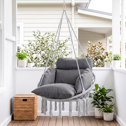 Outsunny Hanging Chair Outdoor Hammock Chair with Soft Cushion, Cotton Rope Boho Style Swing Chair, Hanging Garden Swing Seat for Indoor Outdoor, Dark Grey