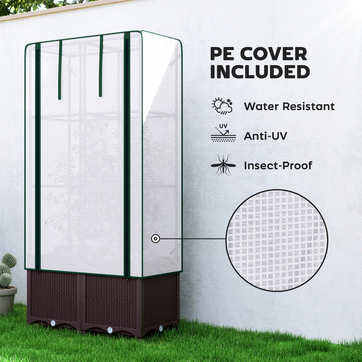Outsunny Raised Garden Bed with Trellis, Plastic Planter Box with PE Cover, Drainage Holes, Drain Plugs and Water Reservoirs for Climbing Plants, Vegetables, Flowers, 80 x 40 x 140 cm