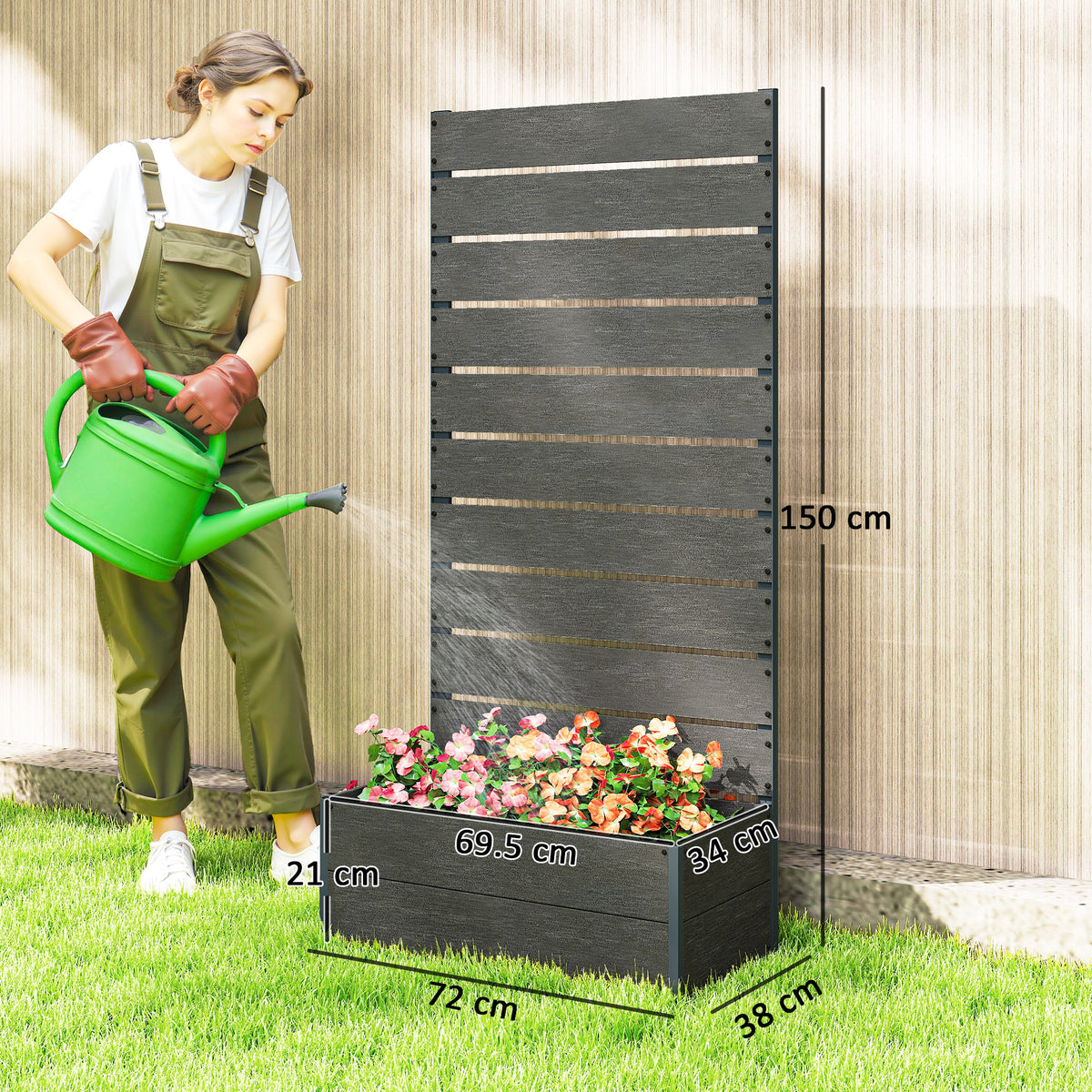 Outsunny 34 x 69.5cm Garden Planter Box, with Back Trellis, Grey