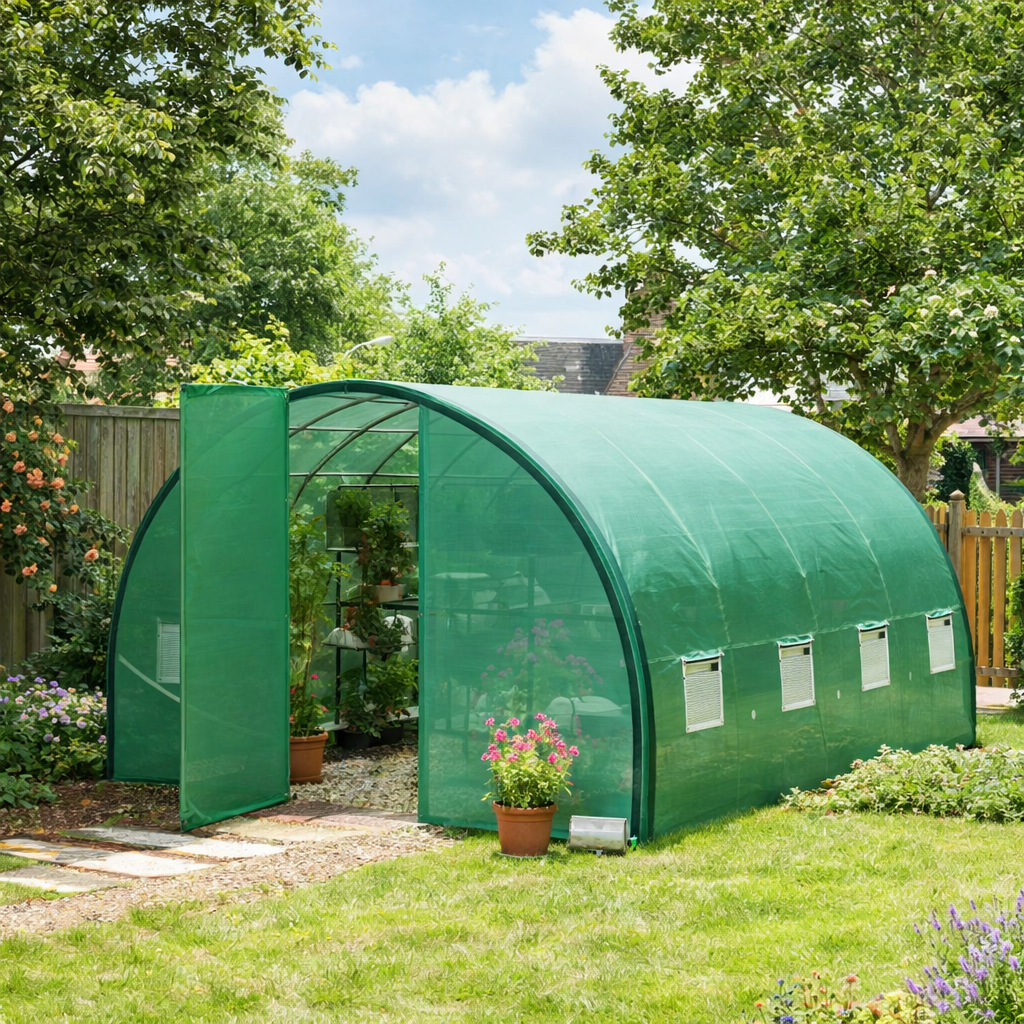 Outsunny 4 x 3 m Polytunnel Greenhouse, with Windows and Doors - Green