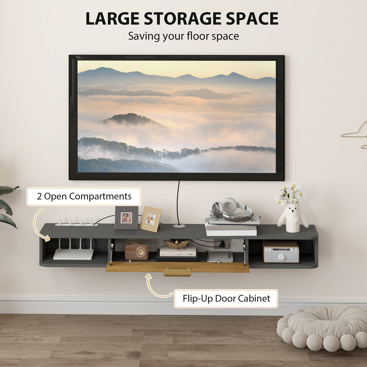HOMCOM 140 cm Floating TV Stand with Storage - Charcoal Grey