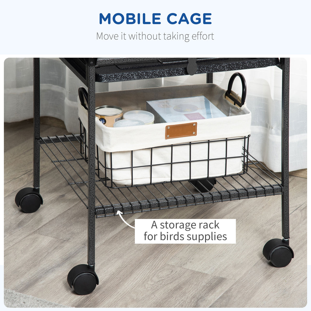 PawHut 156cm Bird Cage, Parrot Cage with Open Play Top, Perch, Seed Guard, Wheels, Storage Shelf, Dark Grey