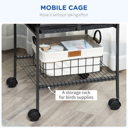 PawHut 156cm Bird Cage, Parrot Cage with Open Play Top, Perch, Seed Guard, Wheels, Storage Shelf, Dark Grey