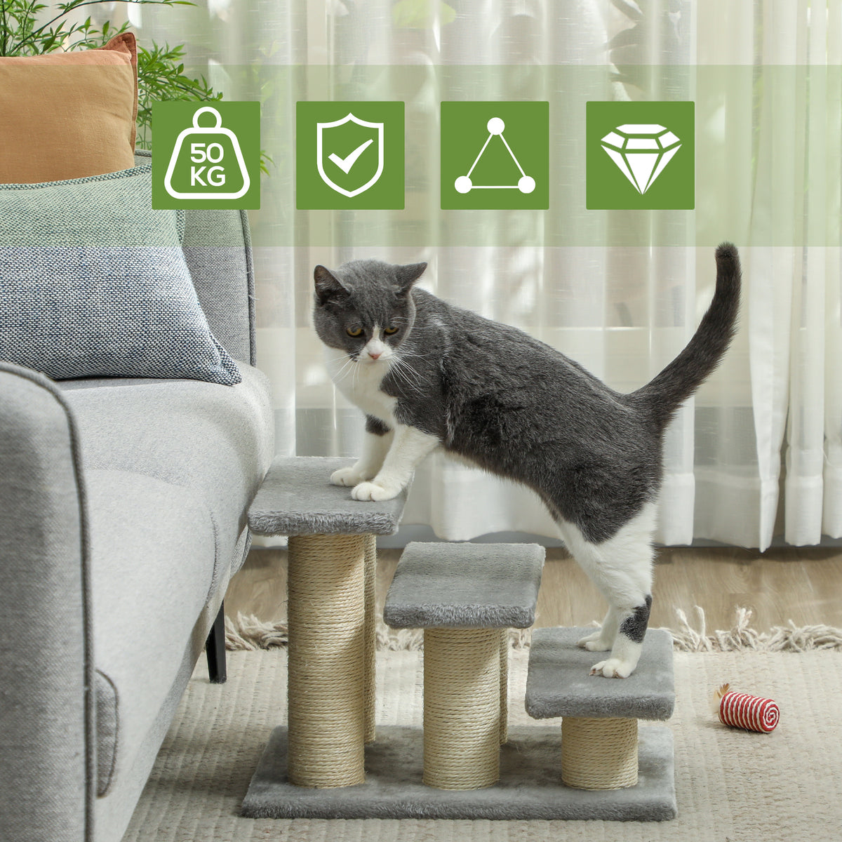 PawHut Pet Stairs 3-step Pet Ladder Cat dog Stairs Climb Ladder Cat Tree, Grey