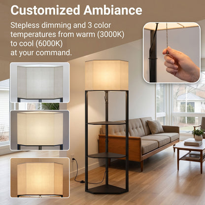 HOMCOM Corner Floor Lamp with Shelves and Lights, Modern Dimmable Standing Lamp with 3000K/4000K/6000K Colour Temperature