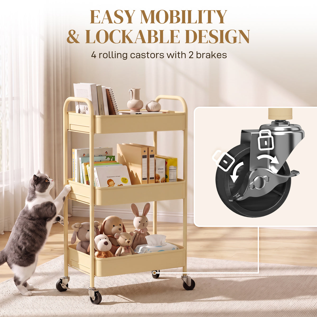 HOMCOM Three-Tier Steel Storage Trolley - Yellow