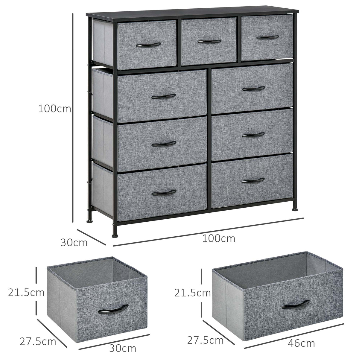 HOMCOM Nine Drawer Fabric Dresser - Grey