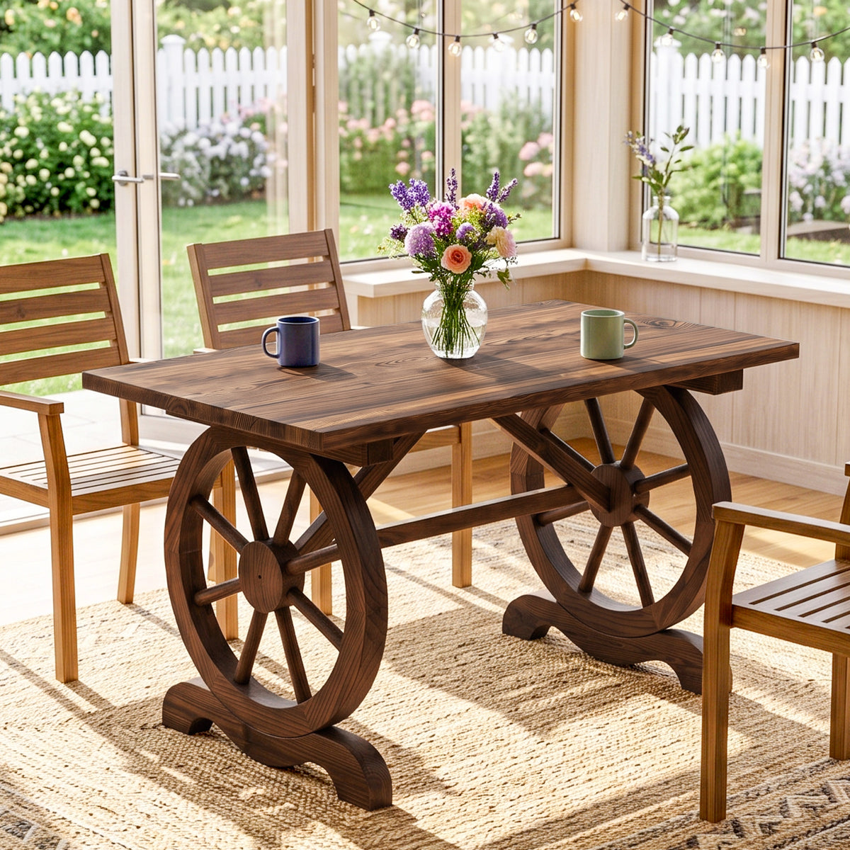 Outsunny Wooden Garden Dining Table, Wagon Wheel Outdoor Coffee Table with 3 cm Wood Top for Patio, Balcony, Terrace, 110 x 60 x 65 cm, Carbonised Finish