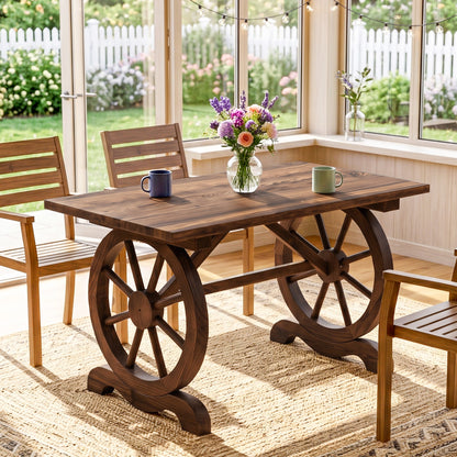Outsunny Wooden Garden Dining Table, Wagon Wheel Outdoor Coffee Table with 3 cm Wood Top for Patio, Balcony, Terrace, 110 x 60 x 65 cm, Carbonised Finish