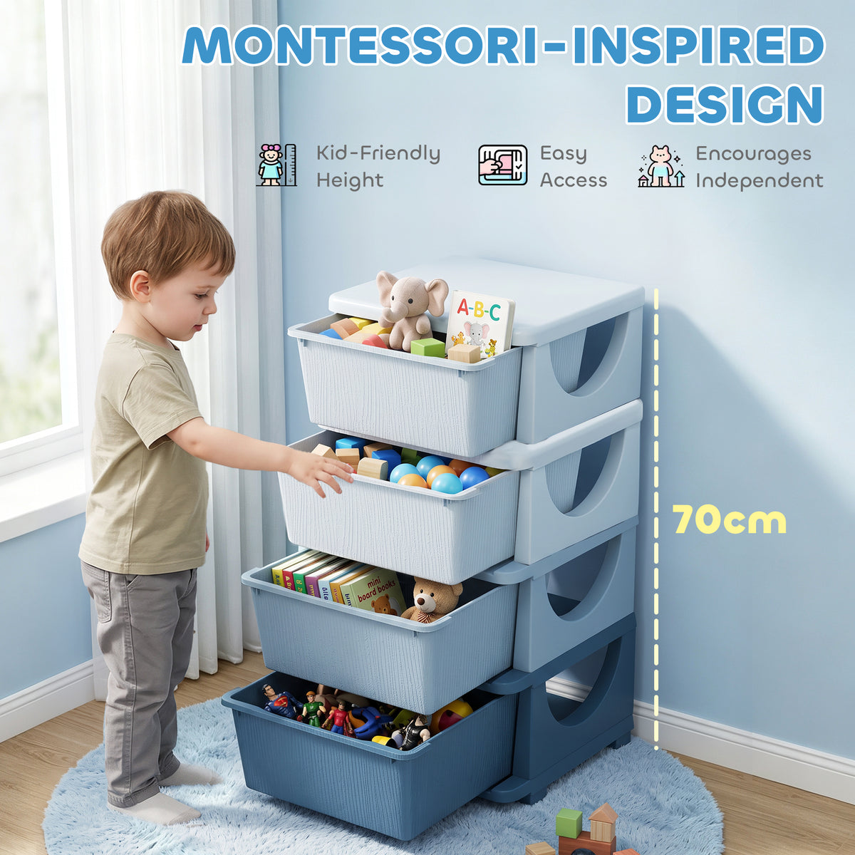 HOMCOM Four-Tier Kids Storage Boxes, with Four Drawers - Blue