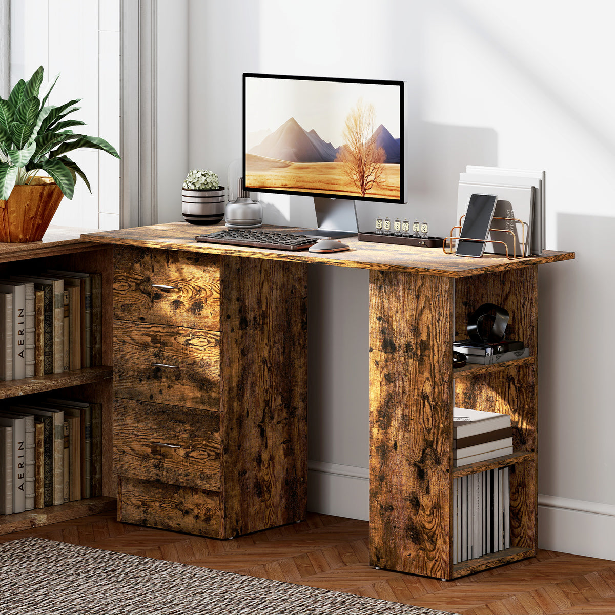 HOMCOM Computer Desk with Drawers, Home Office Desk, Writing Table, PC Workstation with 3 Storage Shelves for Working, Study, 120 x 49 x 72 cm, Rustic Brown