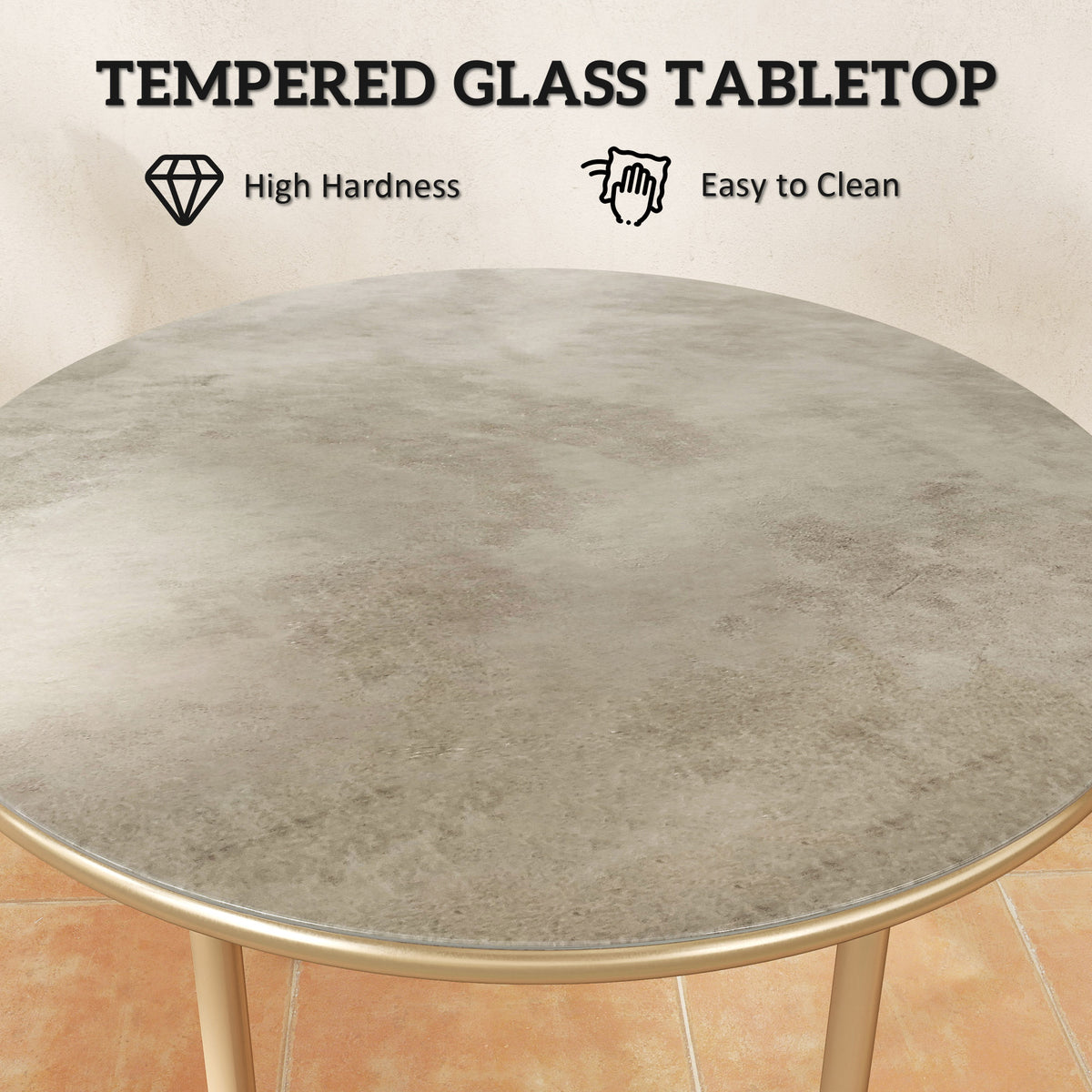 Outsunny Round Coffee Table, Modern End Side Table with Faux Marble Tempered Glass Top, Steel Frame for Living Room, Bedroom, Office, Beige