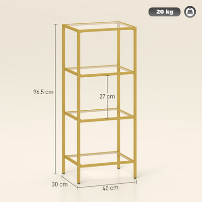 HOMCOM 4-Tier Shelving Unit, Glass Shelf, Vertical Storage Shelf for Living Room, Home Office, Bedroom, Bathroom, Gold Tone