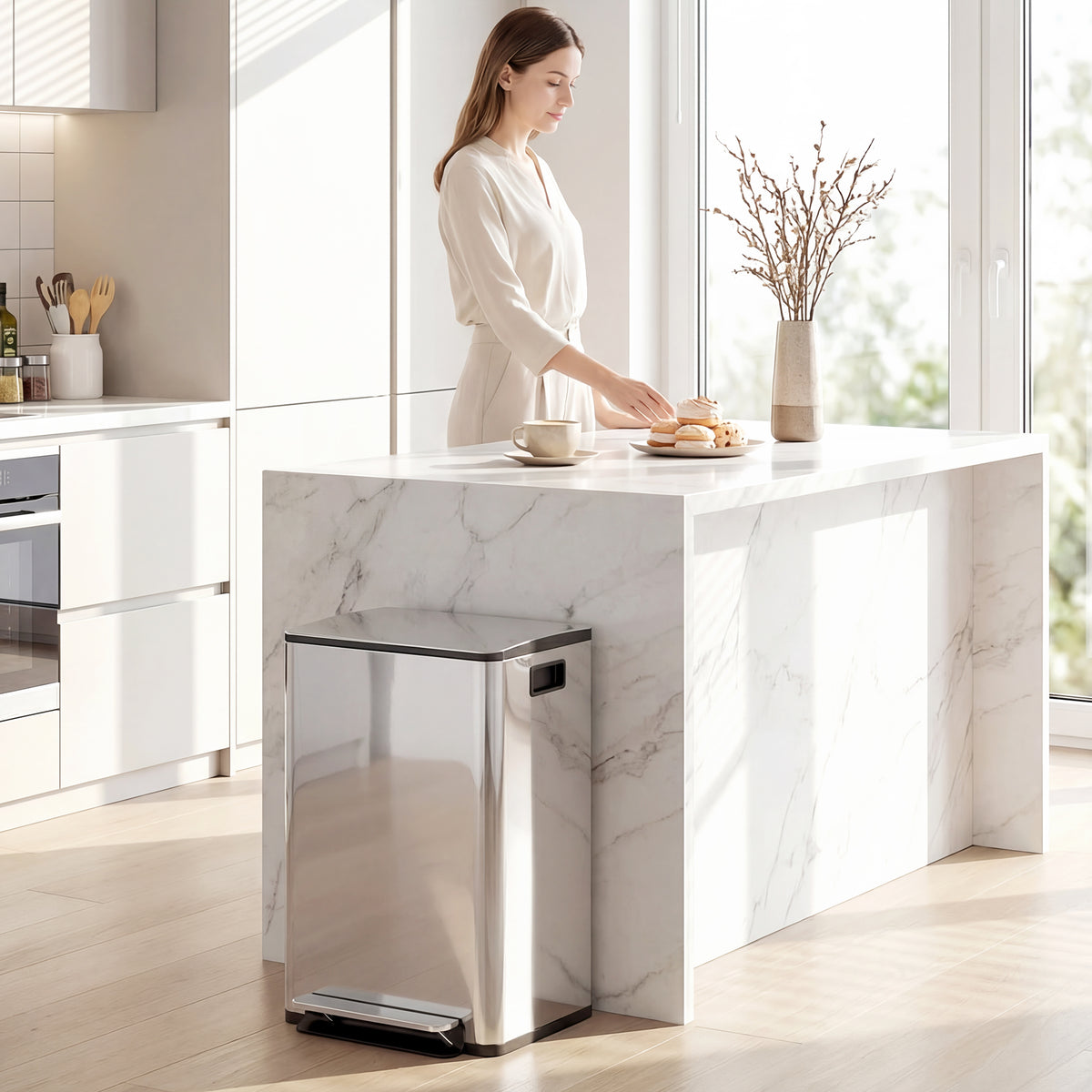 HOMCOM 40L Dual Compartment Stainless Steel Bin, with Deodoriser Holders - Silver Tone