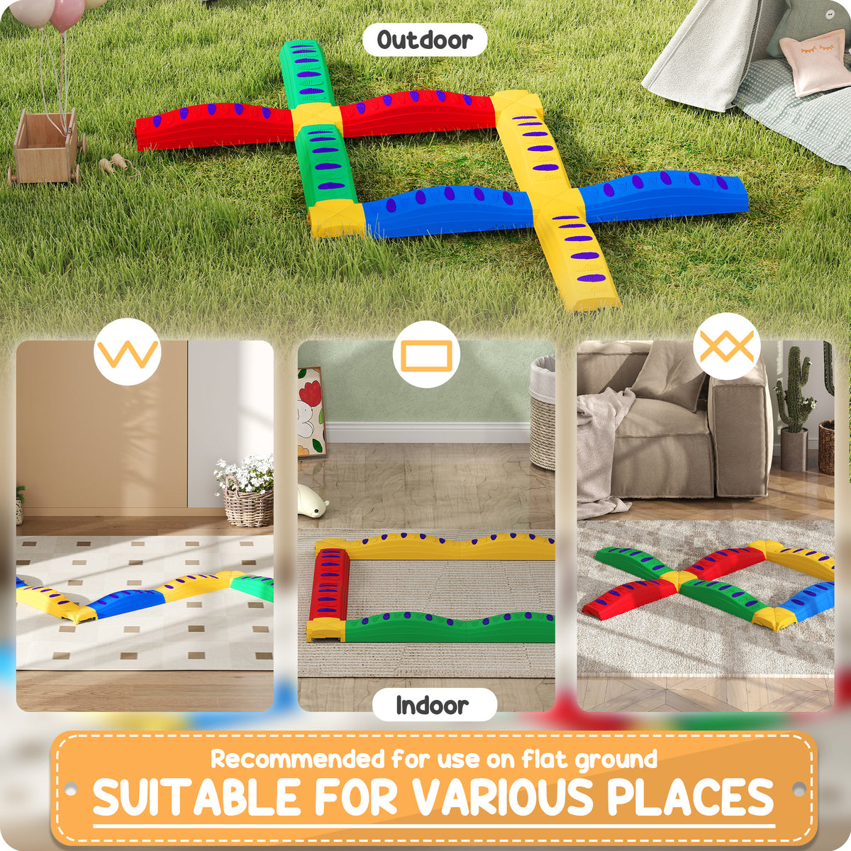AIYAPLAY 12-Piece Kids Balance Beam Stepping Stones, with Non-Slip Foot Pads, Multicoloured