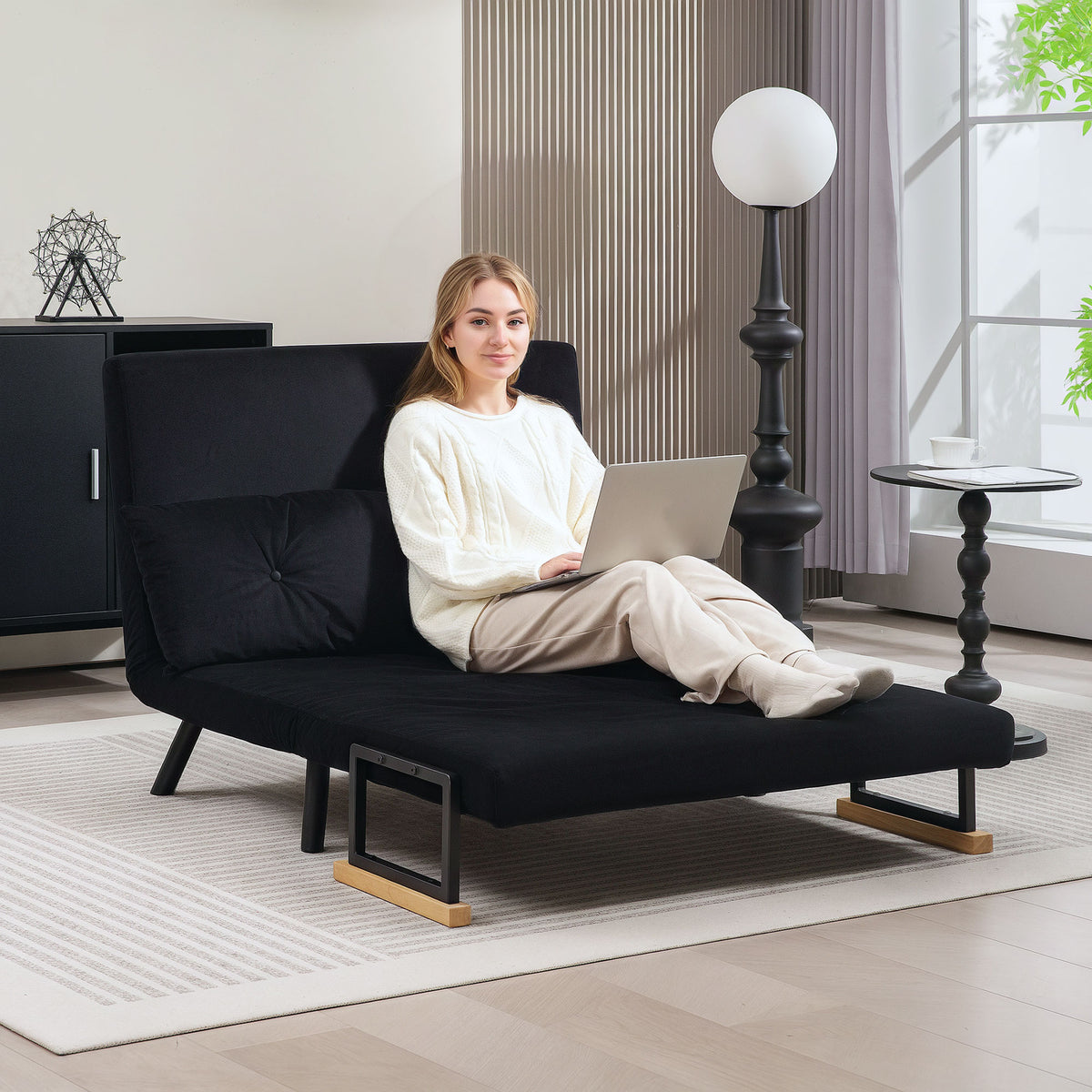 HOMCOM 4-in-1 Velvet-Feel Double Sofa Bed, with Pillows - Black