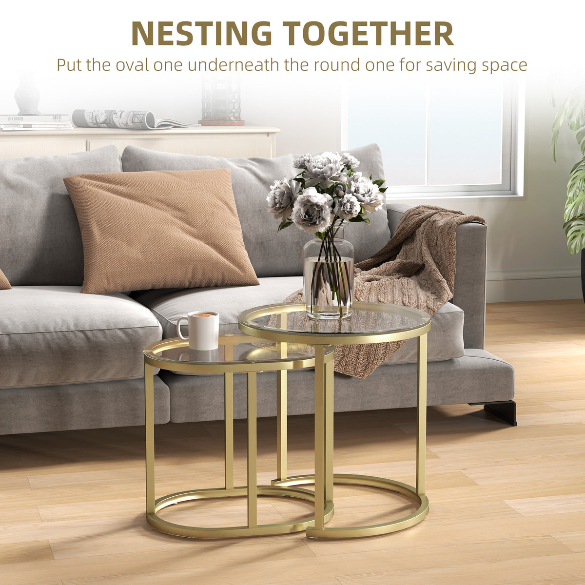 HOMCOM Nest of Tables with Steel Frame and Tempered Glass Tabletop, Modern Coffee Table Set of 2, Clear