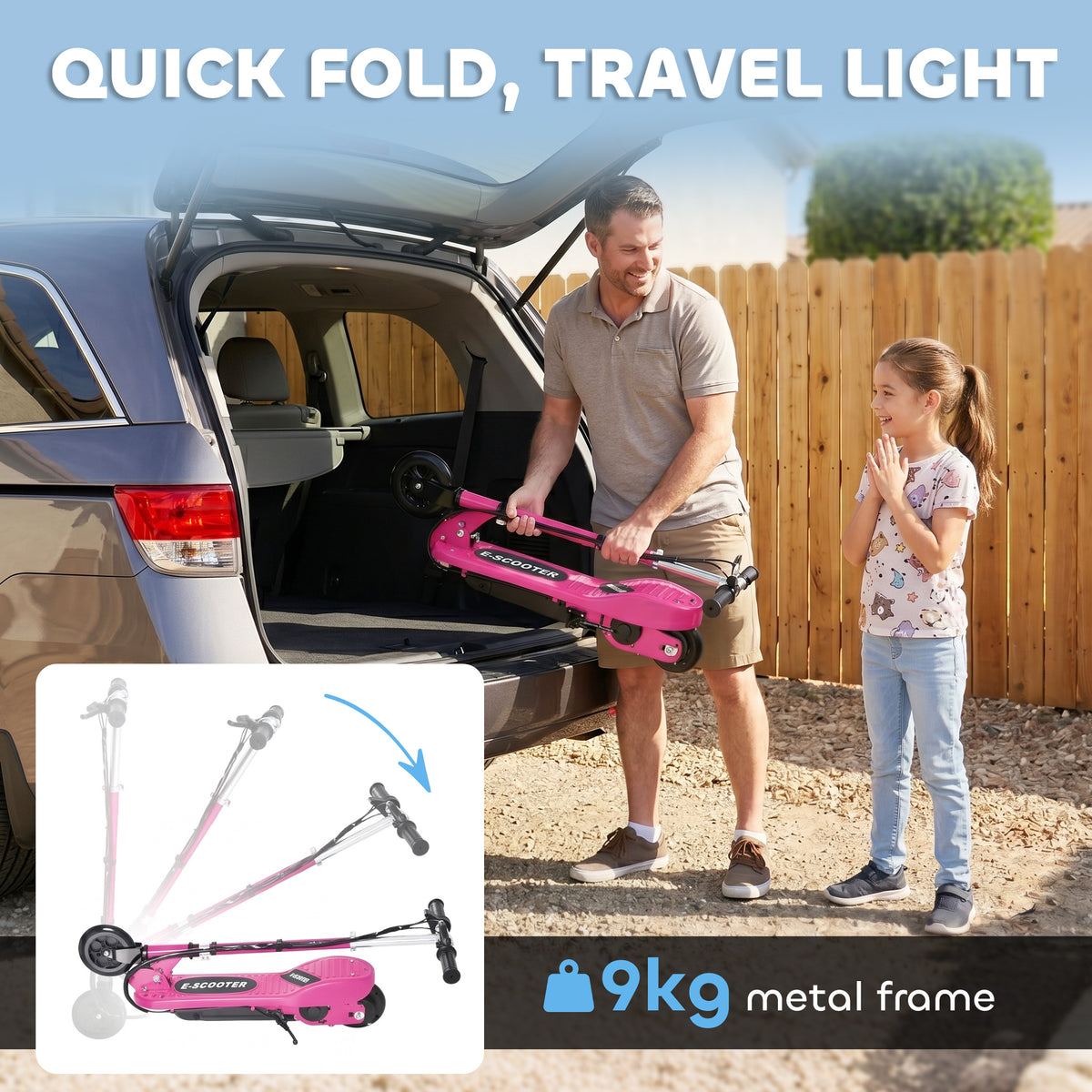 HOMCOM Foldable Electric Kids Scooter, Ride-on for Ages 7-14 Years, Pink