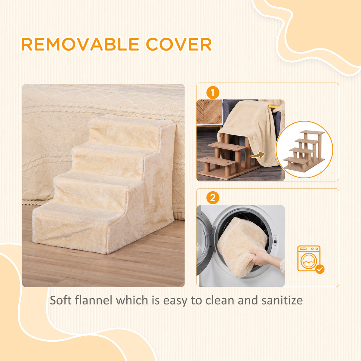 PawHut Four-Step Dog Stairs, with Washable Plush Cover, for High Bed Sofa, Dog Stairs for Small Dog and Cat - Beige