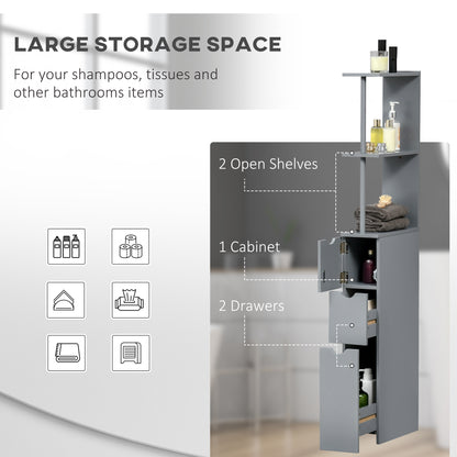 HOMCOM Tall Bathroom Cabinet, Freestanding Slim Bathroom Storage Cabinet with 2-Tier Open Shelf and 2 Drawers for Small Space, Narrow Cupboard Storage Unit, Grey