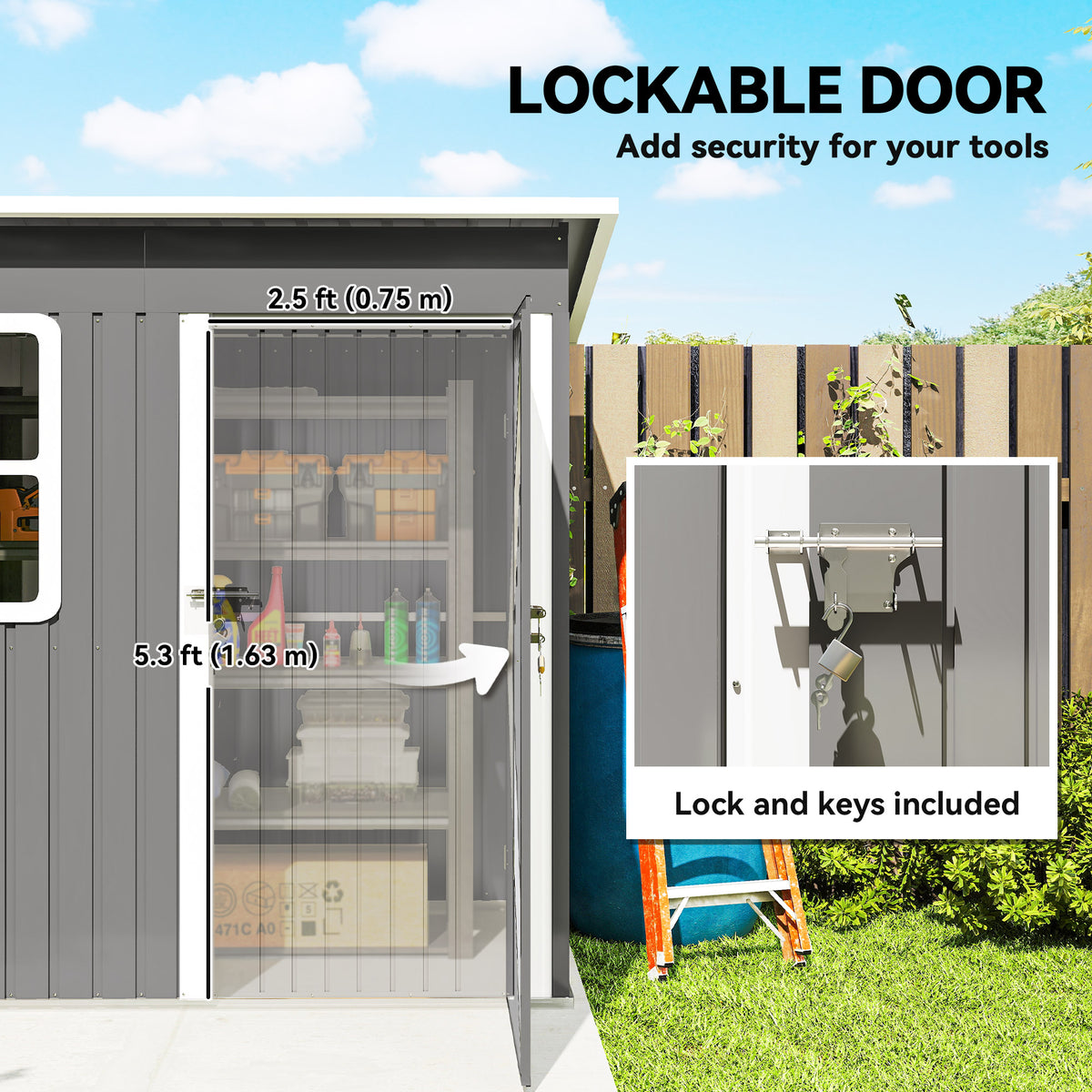 Outsunny 7 x 4ft Eco-friendly Galvanised Steel Garden Shed, with Lock and Gloves, 40kg/㎡ Snow Capacity - Grey