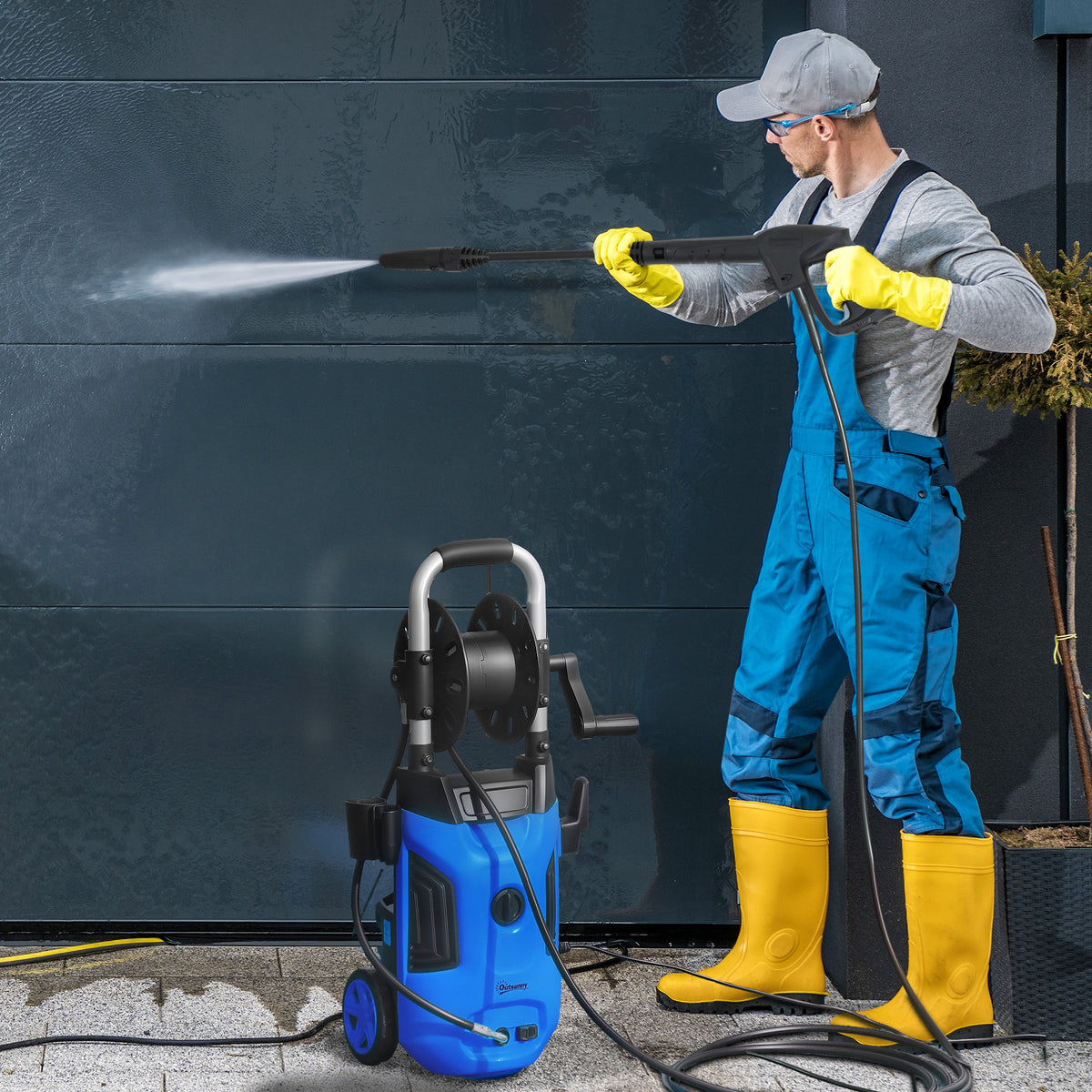 Outsunny 1800W High Pressure Washer, 150 Bar Pressure, 420 L/h Flow, Portable Power Washer Jet Wash Cleaner with Adjustable Nozzle, 6M Hose, Hose Reel, Steel Handle for Home Patio Car Driveway, Blue