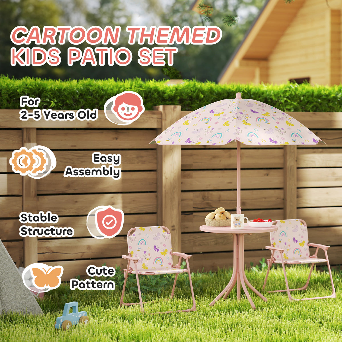 AIYAPLAY 4-Piece Kids Garden Table and Chair Set with Adjustable Parasol, Folding Chairs, Table, Rainbow Pattern, Pink