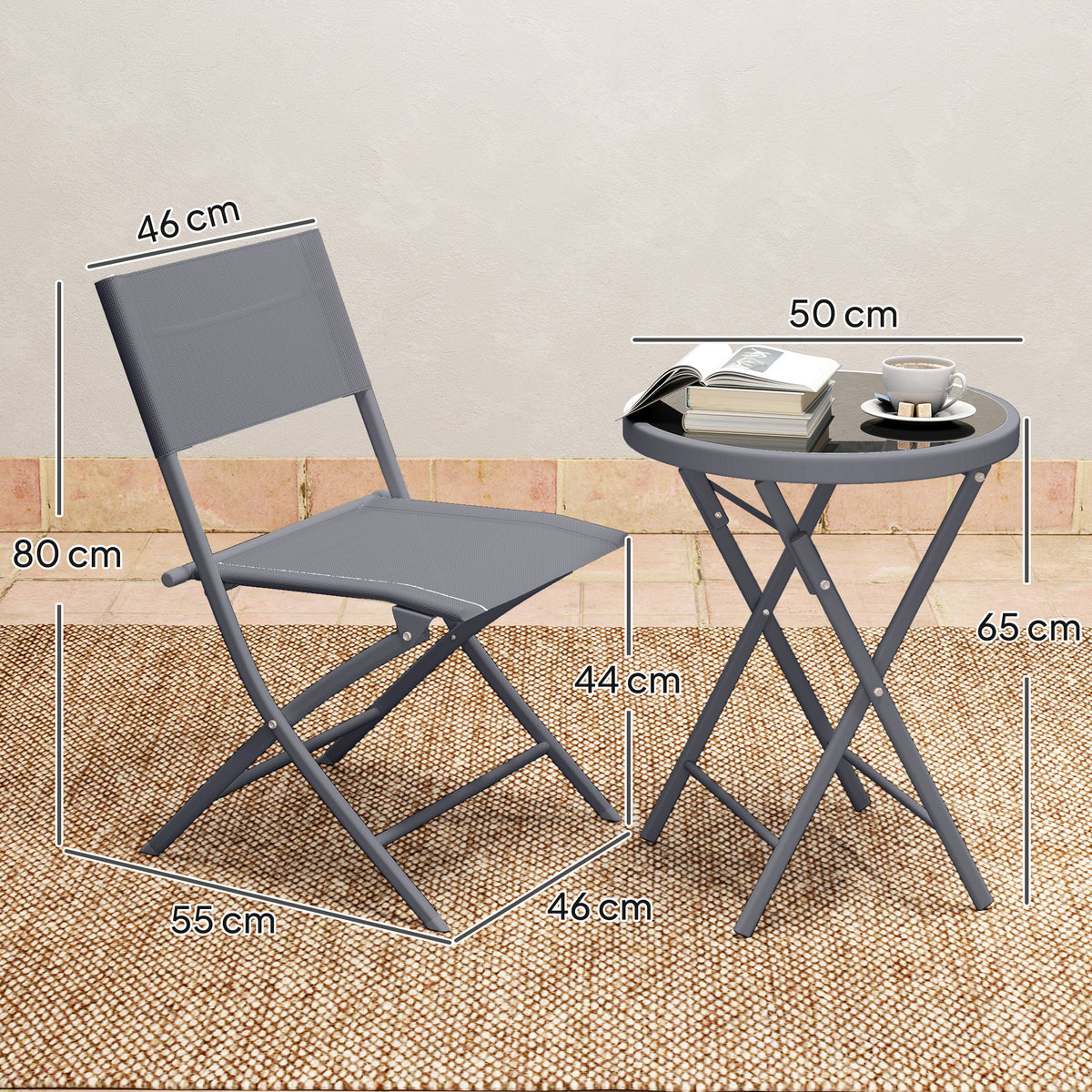 Outsunny 3 Pieces Outdoor Bistro Set, Glass Top Outdoor Table and 2 Folding Chairs with Protecting Feet, Grey