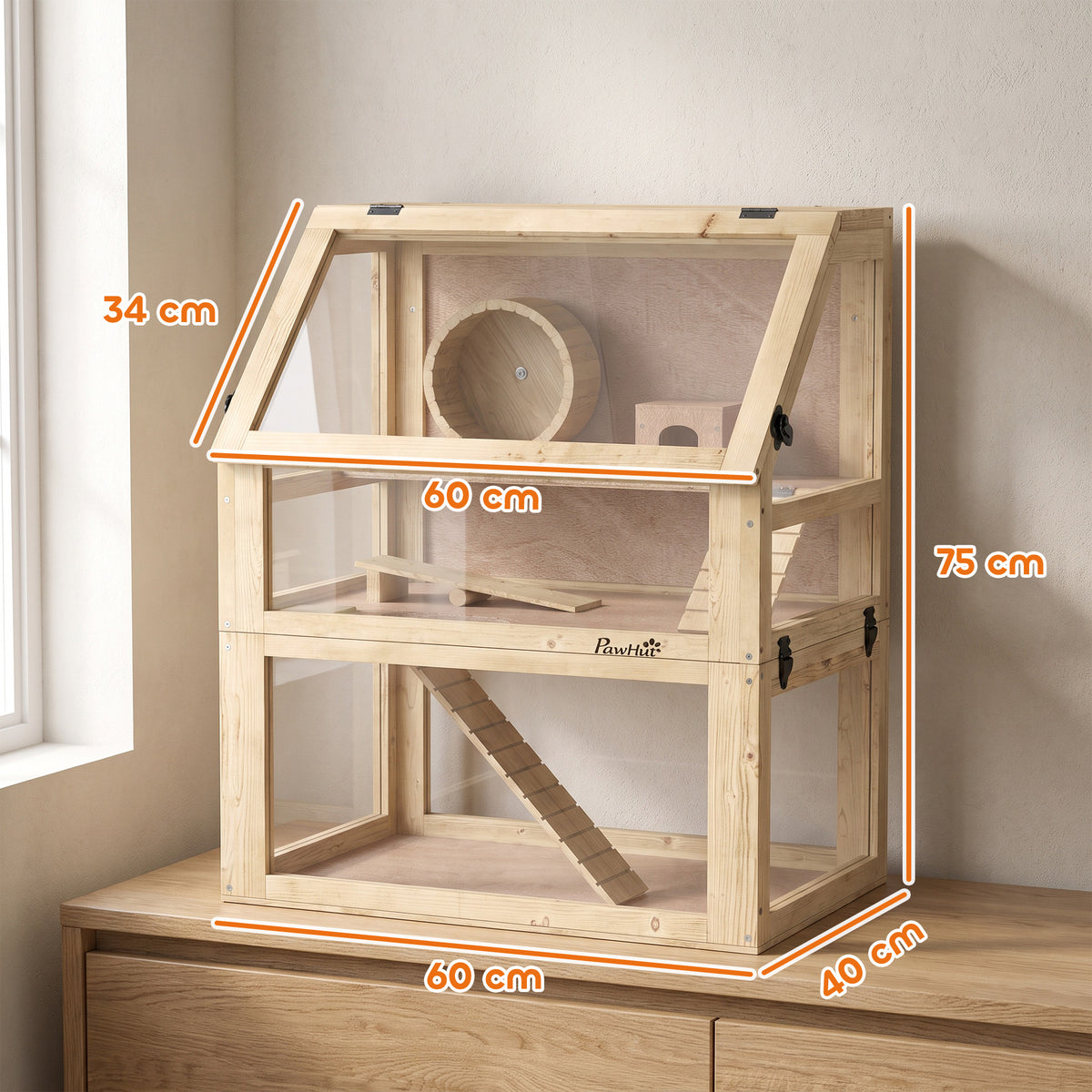 PawHut Wooden Hamster Cage with Detachable 32cm Deep Bottom, Hut, Seesaw, Exercise Wheel, Ramp, 60 x 40 x 75cm, Natural