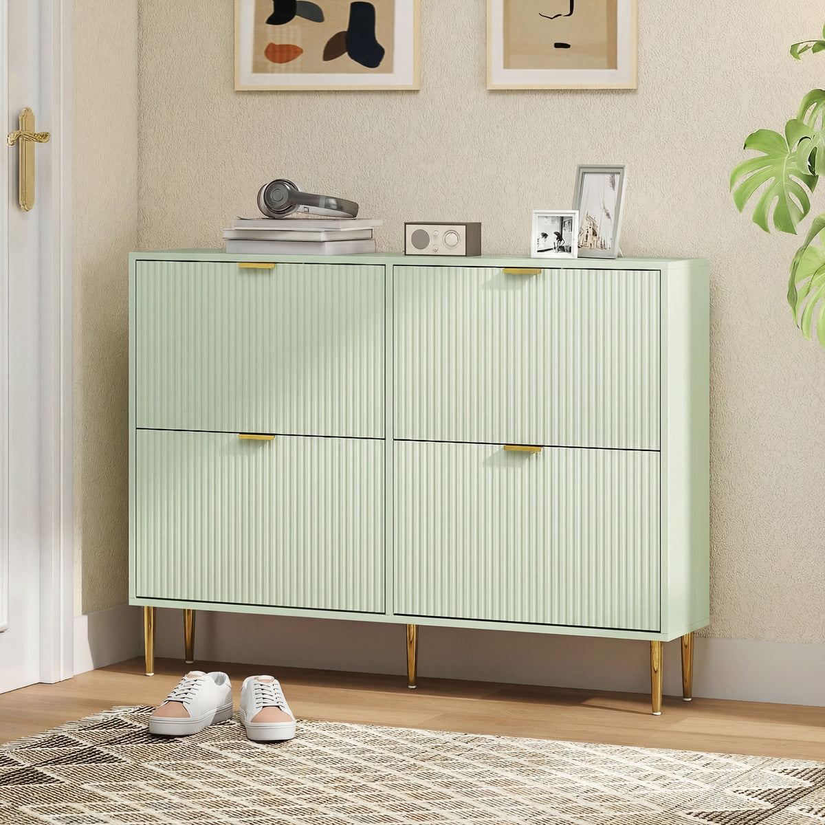 HOMCOM Elegant Four-Drawer Shoe Cabinet - Light Green