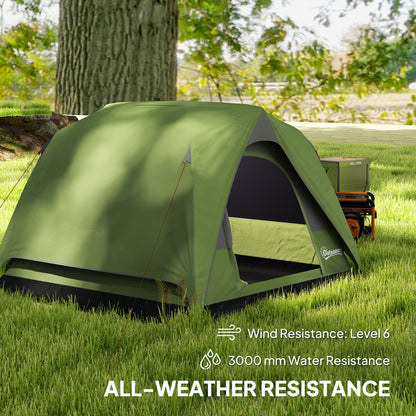 Outsunny Camping Tent, Easy Set Up 2-3 Man Tent with Sewn-in Groundsheet, 3000 mm Dome Tent w/ Mesh Windows, Olive Green and Grey