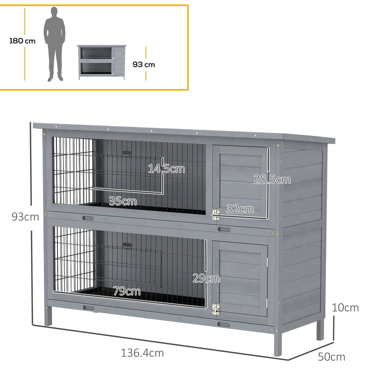 PawHut Rabbit Hutch Outdoor Guinea Pig Hutch Bunny Cage with No-Leak Trays, Divider, 136 x 50 x 93cm, Grey