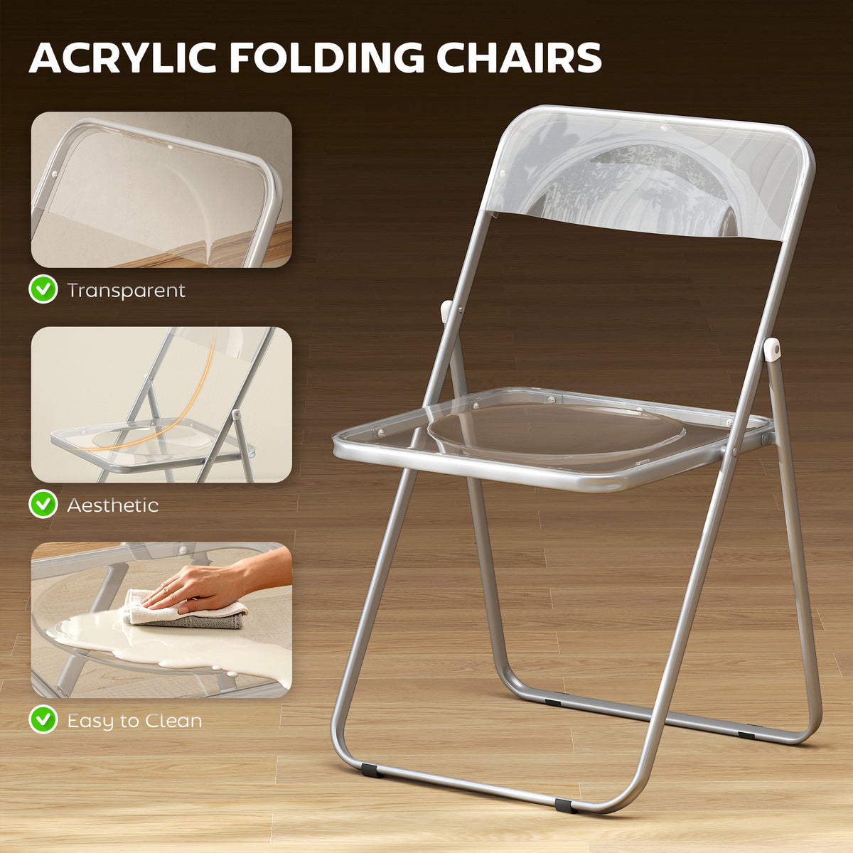 HOMCOM Foldable Chairs, Folding Chairs with Transparent Seat and Backrest, Heavy Duty Steel Frame, 47W x 48D x 75H cm, Clear