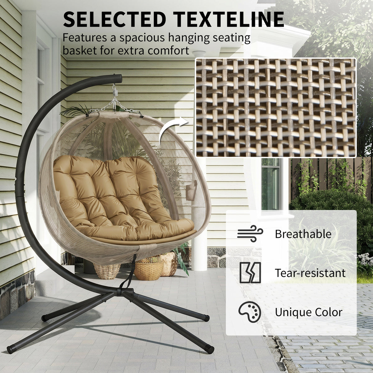 Outsunny Double Hanging Egg Chair 2 Seaters Texteline Swing Hammock Chair with Stand, Cushion and Folding Design, for Indoor and Outdoor, Brown