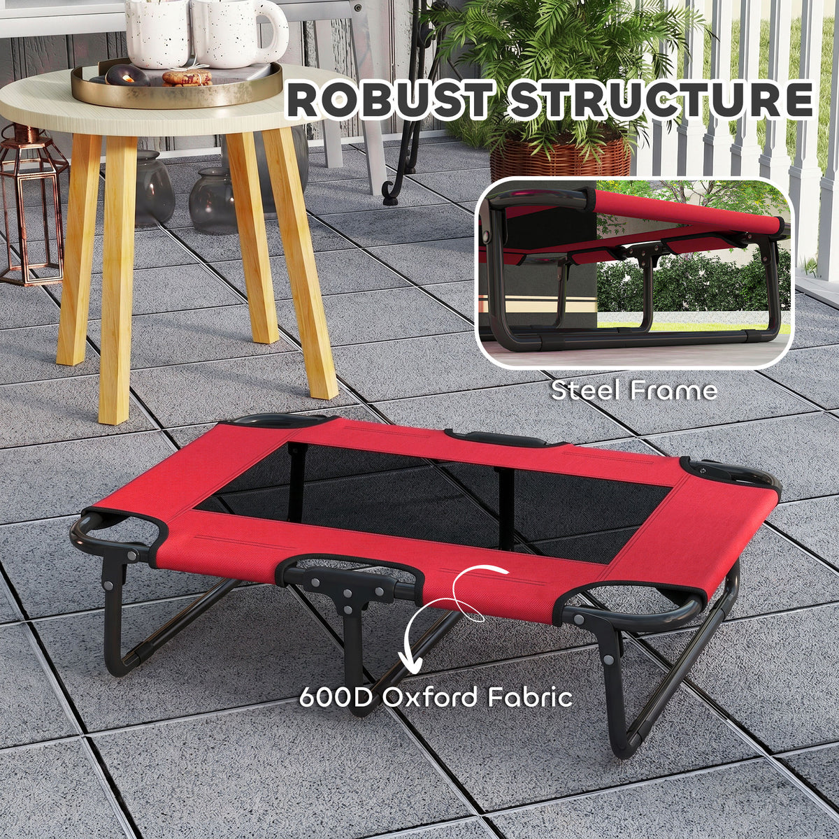 PawHut Portable Raised Dog Bed, Elevated Pet Cot with Breathable Mesh for Indoor Outdoor, for Small Medium Dogs, Red
