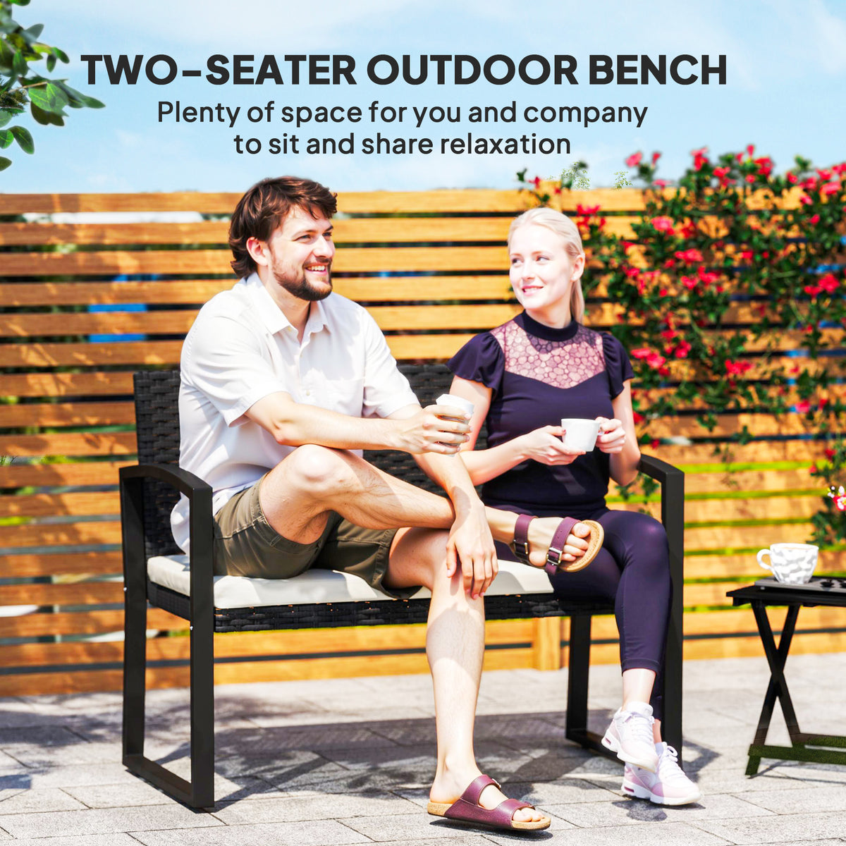 Outsunny Two-Seater Rattan Garden Bench - Beige