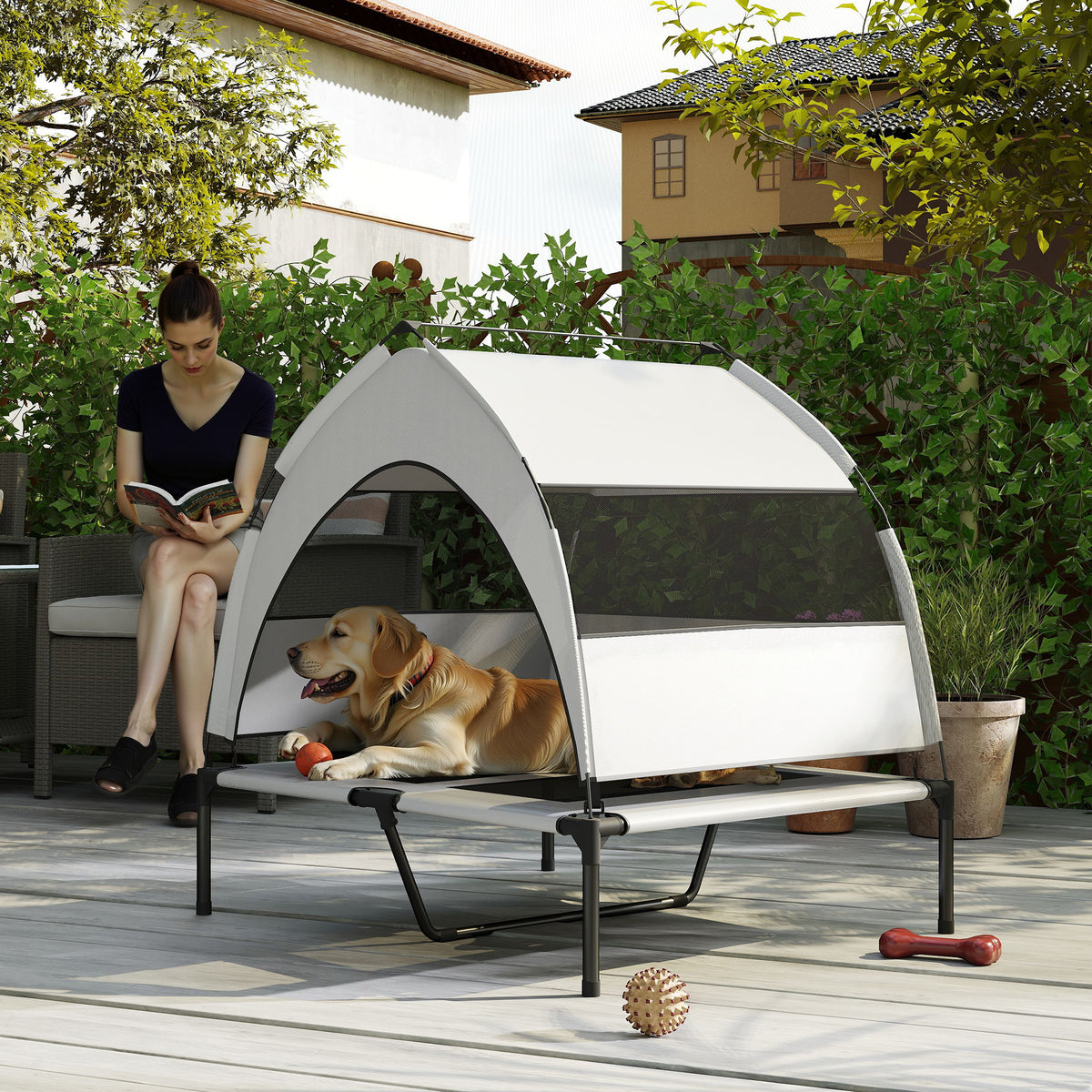 PawHut Portable Elevated Dog Bed with Removable Canopy, Cooling Raised Pet Cot for Medium Large Dogs, 92 x 75 x 85 cm