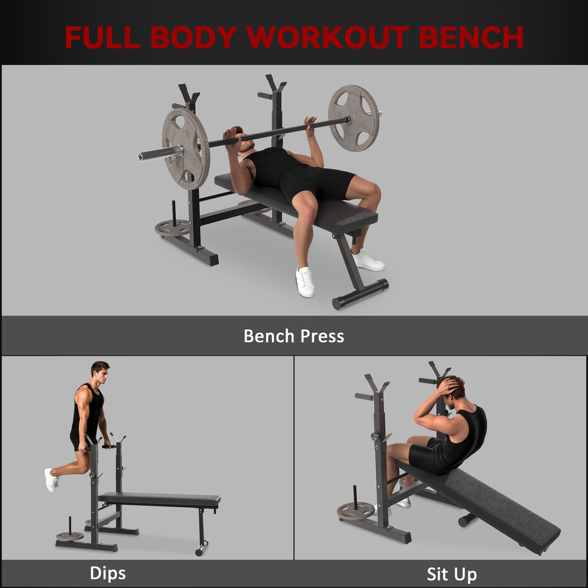 HOMCOM Adjustable Weight Bench, Foldable Bench, with Barbell Rack, Grey