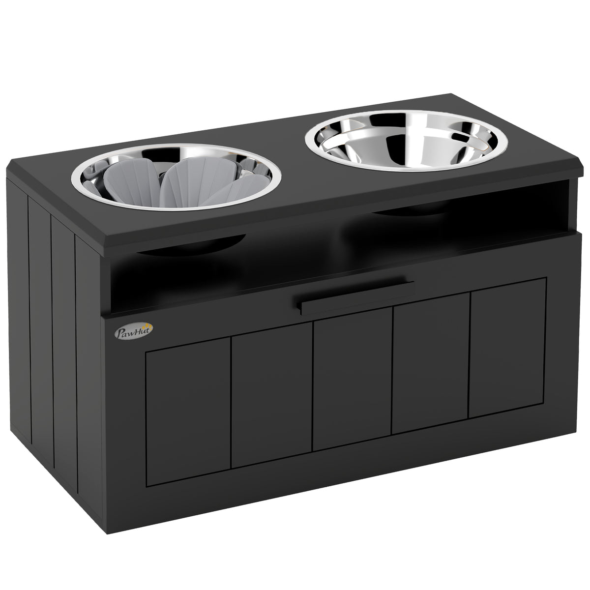 PawHut Raised Dog Bowl with Slow Feeder, Two Stainless Steel Dog Bowls, Drawer, for Large and Extra Large Dogs, Black