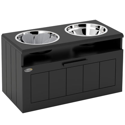 PawHut Raised Dog Bowl with Slow Feeder, Two Stainless Steel Dog Bowls, Drawer, for Large and Extra Large Dogs, Black