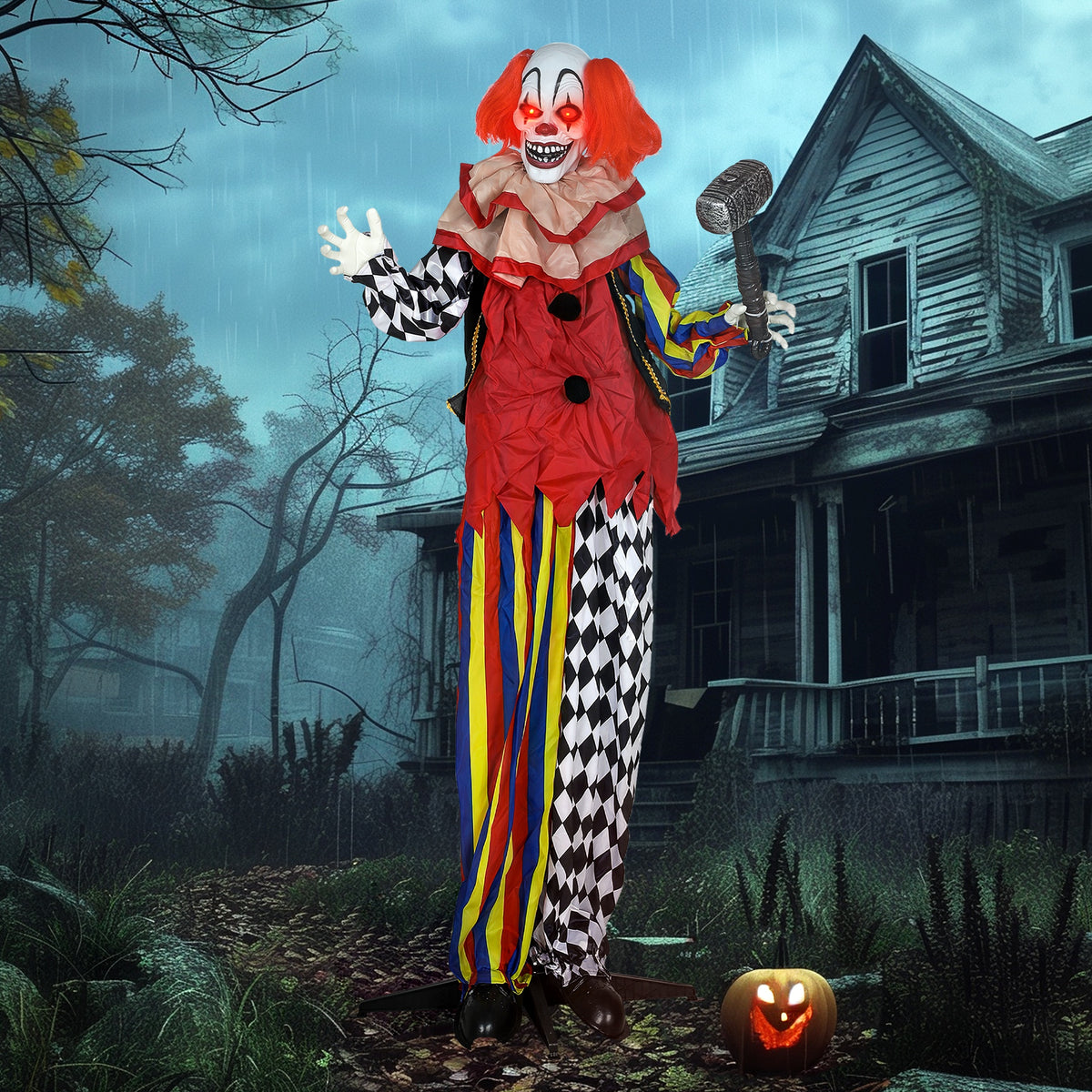 Outsunny 173 cm Life Size Halloween Animated Standing Clown & Hammer with Red Light Up Eyes, Sound Activated Moving Arms & Head, Scary Clown Halloween Decorations, Battery Operated, Indoor Party Props