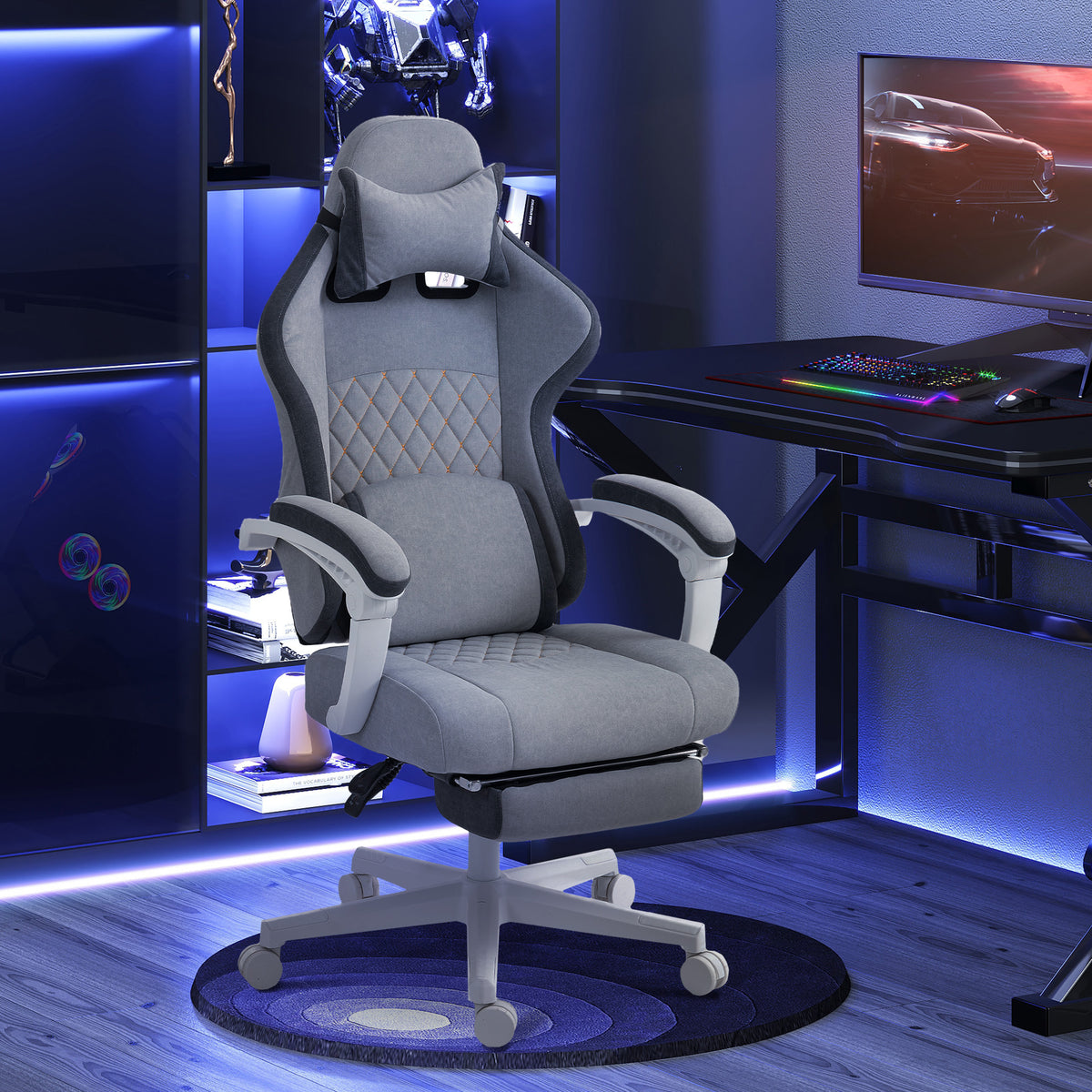 HOMCOM Gaming Chair, Gamer Computer Chair with Footrest, High Back, Lumbar Support, Adjustable Height, Swivel Wheels for Home Office, Grey