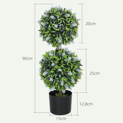 HOMCOM Set of 2 Artificial Plants, Lavender Flowers Ball Trees with Pot, for Home Indoor Outdoor Decor, 70cm