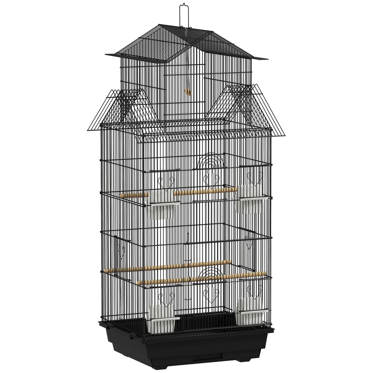 PawHut Metal Bird Cage with Plastic Swing, Perch, Food Container, Tray, Handle, for Finches, Canaries, 43 x 32.5 x 104cm