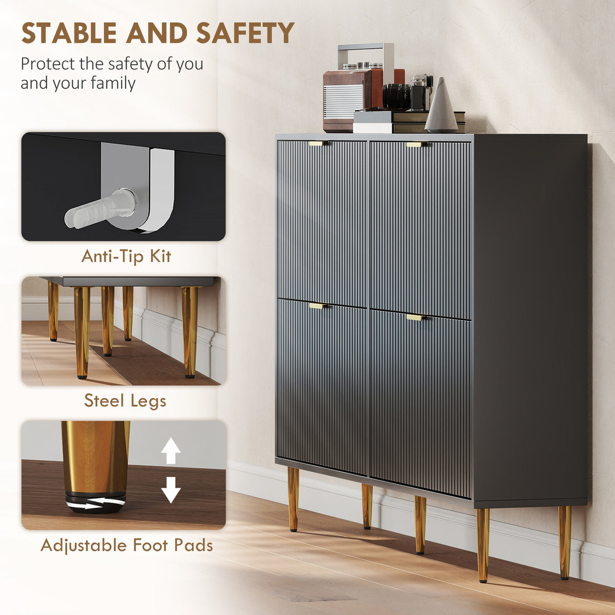HOMCOM Elegant Four-Drawer Shoe Cabinet - Black