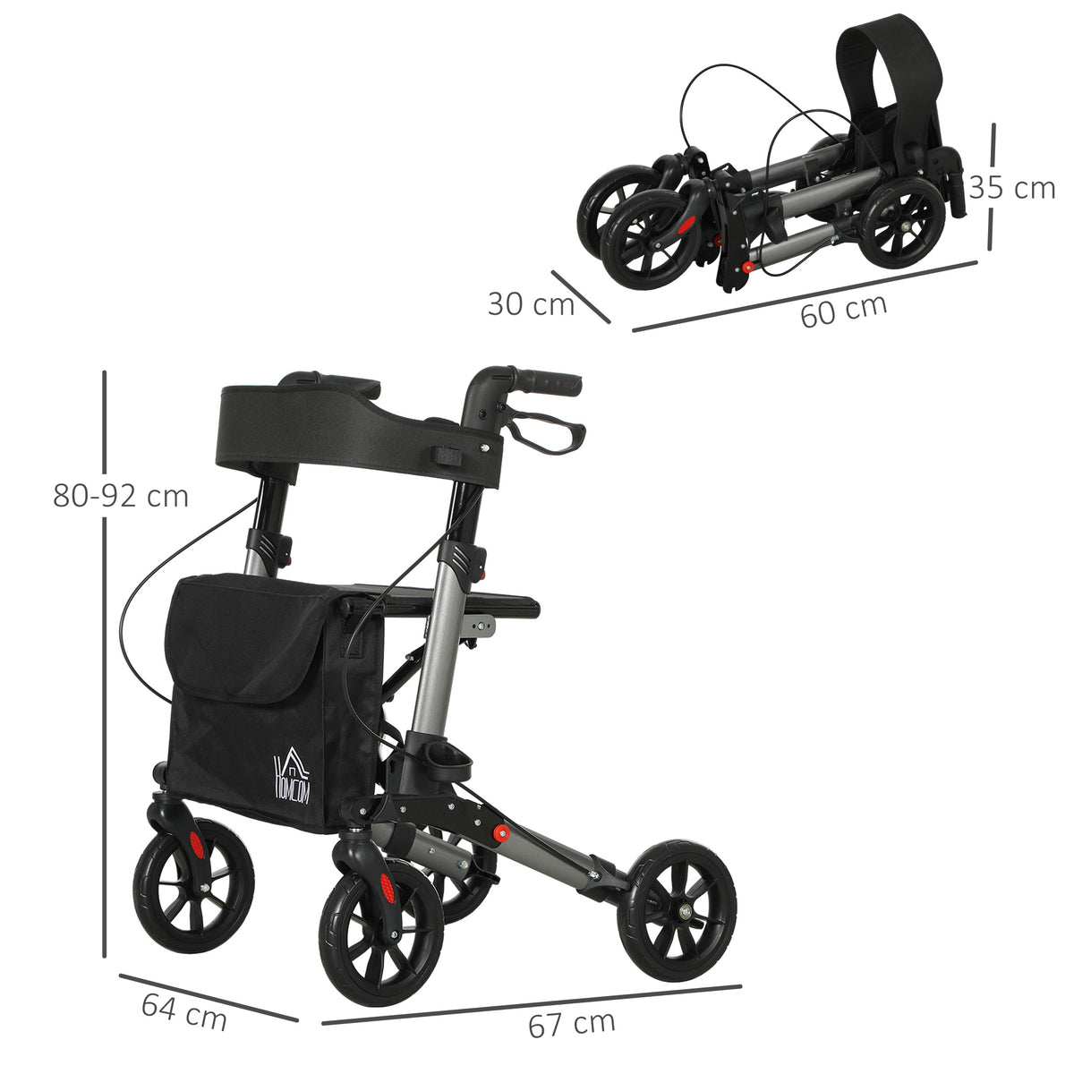 HOMCOM Rollator Walker with Seat, Compact Quick Folding Mobility Walker with 8" Wheels, Carry Bag, Adjustable Height, Cane Holder and Lightweight Aluminium Frame for Seniors and Disabled, Silver