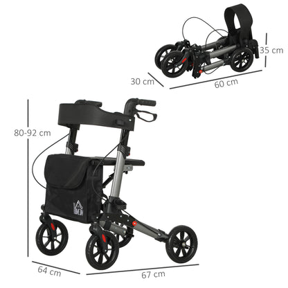 HOMCOM Rollator Walker with Seat, Compact Quick Folding Mobility Walker with 8" Wheels, Carry Bag, Adjustable Height, Cane Holder and Lightweight Aluminium Frame for Seniors and Disabled, Silver