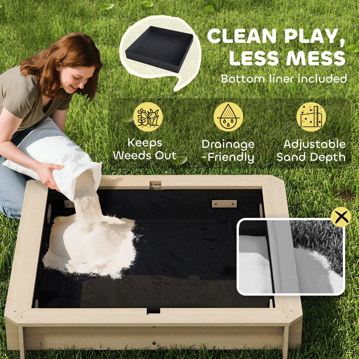 Outsunny Kids Square Wooden Sandpit, Children Sandbox Outdoor Playset