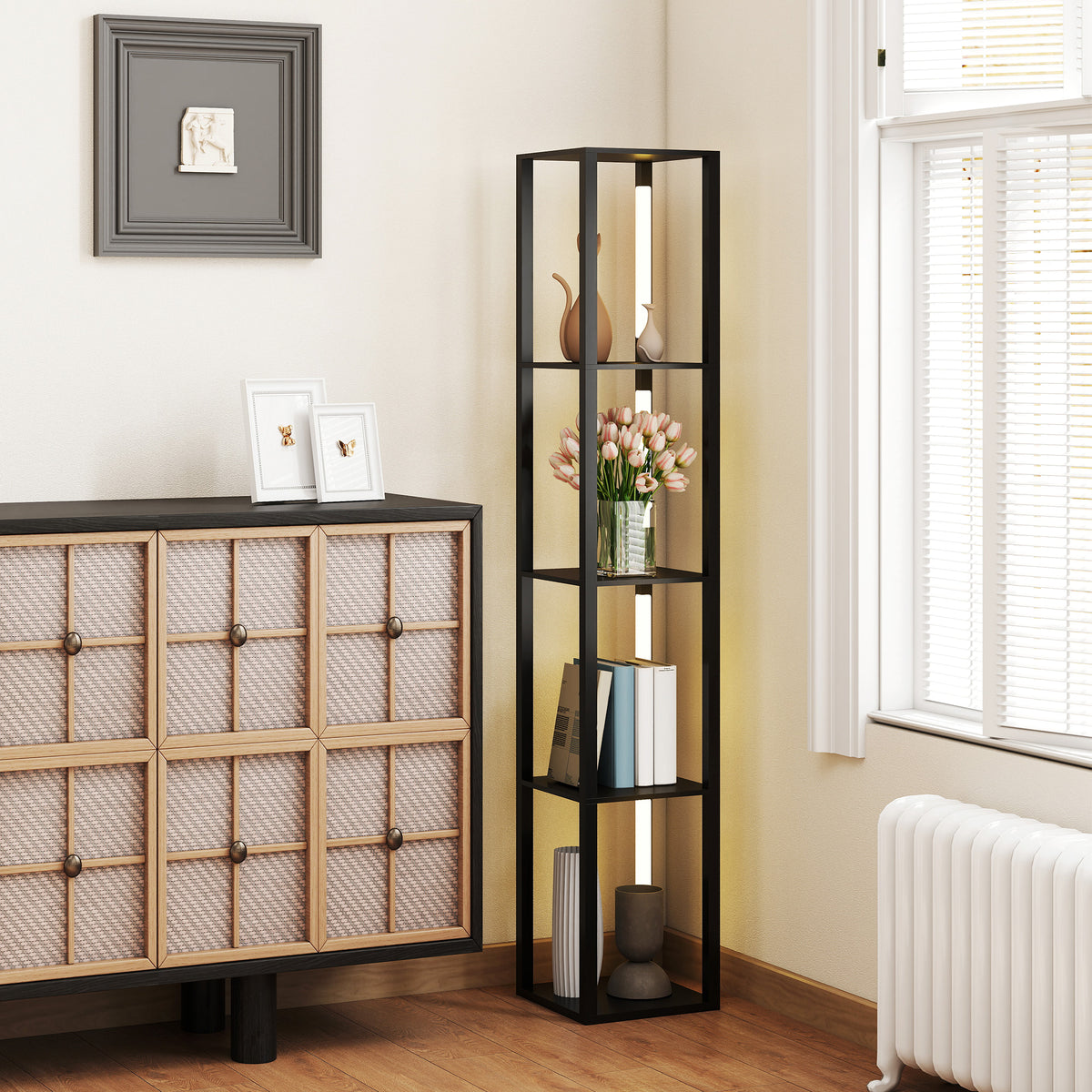 HOMCOM LED Floor Lamp with Shelves, Modern Dimmable Standing Lamp with 3 Brightness Levels and Foot Switch for Living Room, Bedroom, Office, Black