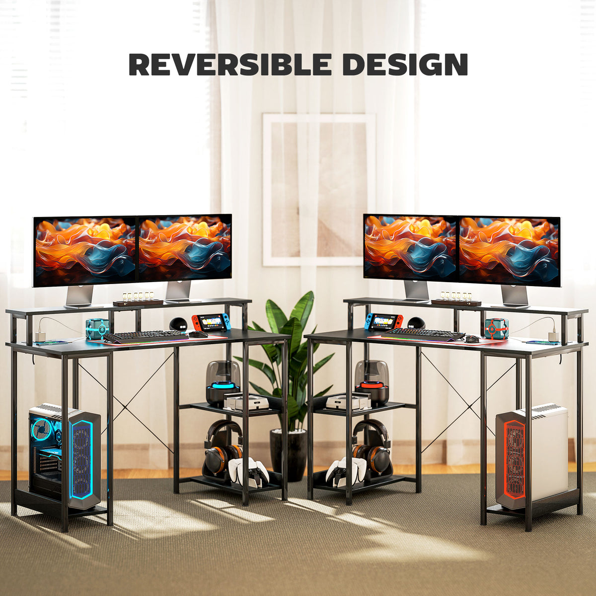 HOMCOM LED Computer Desk, with Power Outlets and Shelves - Black